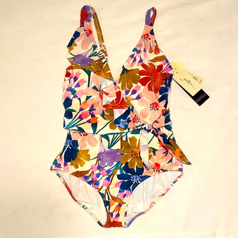 NWT Gottex Profile 1-piece swimsuit.  Assymetrical ruffle surplice size 14.